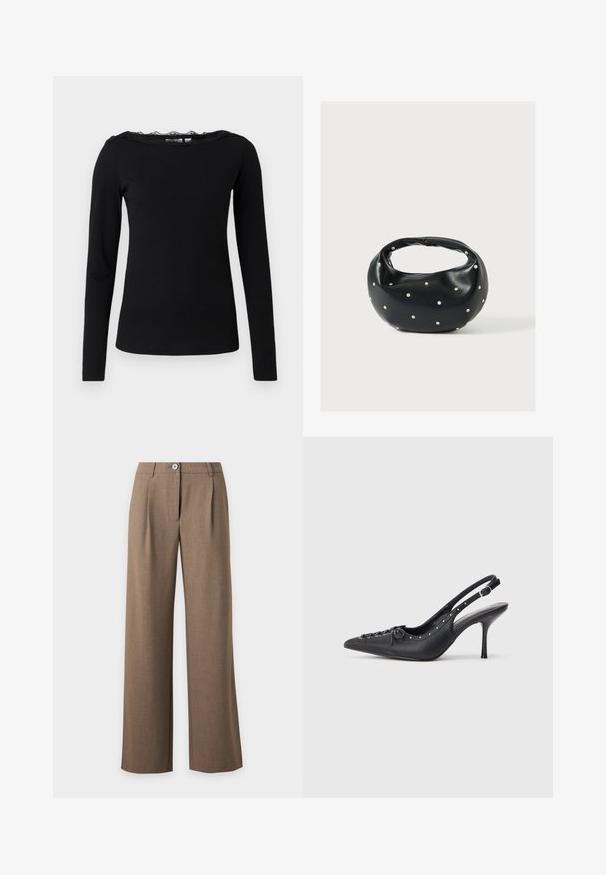 Musthave musta pikakäistee särk ribakanga materjalist. Omab lainelist pitsist kaelust. Lihtne, keha rõhutav siluett sirge lõhega.; Pruunid kõrge vöökohaga laia säärega püksid, millel on nööp ja luku kinnis ning esipoolsed voldid ühevärvilisel heledal taustal.; Must musta sanga kaelaga stilettod, terav nina, külgse pandla rihm, nurgas nublud ja dekoratiivne nöörimine ees.; Mustast nahast ümmarguse kujuga käekott, kaunistatud hõbedaste naeladega, lühikese sangaga. Sile tekstuur ja tõmblukuga sulgemine.