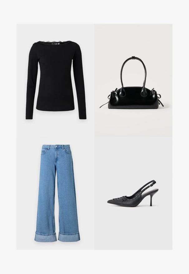 Sort langærmet top lavet af ribbet stof. Har en scalloped blonde halsudskæring. Enkel, tætsiddende silhuet med lige afslutning.; Lyseblå denim bukser med vide ben har høj talje, optrillede nederkanter, fem lommer og en knaplukning med lynlås.; Sorte læder slingback stiletto med spids tå, side spændebånd, nitter langs kanten og dekorativ snøring foran.; Lille sort blank håndtaske med to lange håndtag og snøre-detaljer i siden på en ensfarvet lys baggrund.
