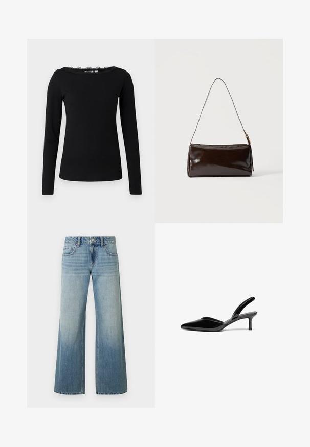 Sort langærmet top lavet af ribbet stof. Har en scalloped blonde halsudskæring. Enkel, tætsiddende silhuet med lige afslutning.; Lyseblå jeans med vide ben og falmet finish, med knaplukning, fem lommer og syning langs sømmene.; Sorte patentlæder slingback hæle med spids tå, lav stiletto hæl og et elegant, enkelt design uden pynt.; Mørkebrun rektangulær læder skuldertaske med en enkelt tynd rem og spænde i guldton på en ensfarvet baggrund.