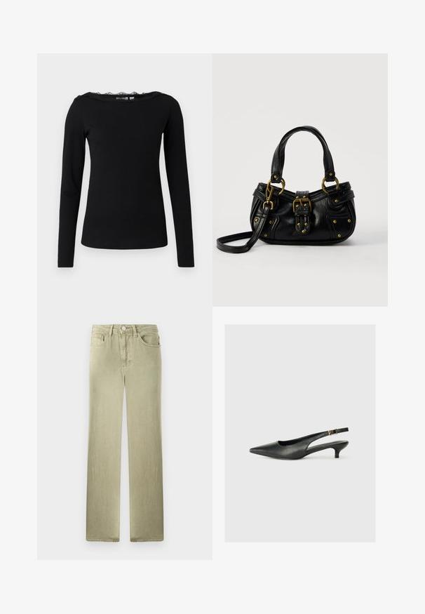 Schwarzes Langarmoberteil aus geripptem Stoff. Mit einem gewellten Spitzenkragen. Schlichte, figurschmeichelnde Silhouette mit geradem Saum.; Beige Jeans mit geradem Bein, Vorder- und Gesäßtaschen, Knopf- und Reißverschluss, vor weißem Hintergrund präsentiert.; Schwarzer Slingback-Schuh mit spitzem Zehenbereich aus glattem Leder. Mit einem dünnen Absatz und einer dekorativen Schnalle am verstellbaren Riemen.; Schwarze Lederhandtasche mit goldener Schnalle und Nieten, kurzen Griffen und einem verstellbaren Schultergurt vor einem schlichten weißen Hintergrund.