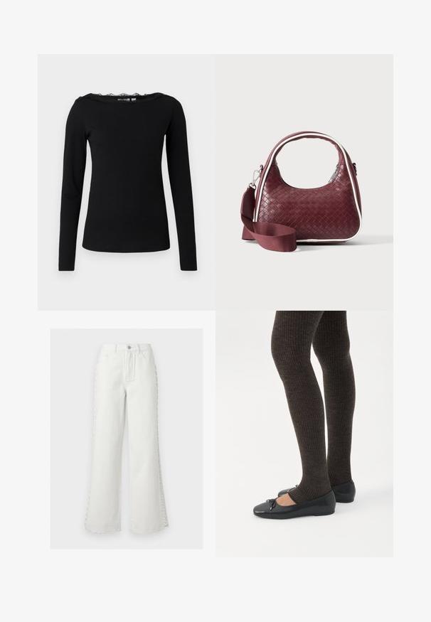 Sort langærmet top lavet af ribbet stof. Har en scalloped blonde halsudskæring. Enkel, tætsiddende silhuet med lige afslutning.; Hvide jeans med høj talje og vide ben, foran lommer, bæltestropper, knaplukning og dekorativ snøredetalje på siderne af begge ben.; Ben iført mørke ribbede leggings kombineret med sorte balletsko med små sløjfedetaljer på hvid baggrund.; Mørkerød vævet lædertaske med buet hank, hvid kant, sølv lynlås og aftagelig bred stofskulderrem mod en ensfarvet baggrund.