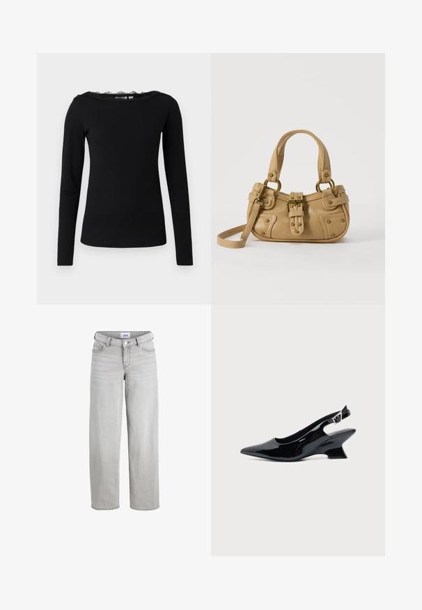 Sort langærmet top lavet af ribbet stof. Har en scalloped blonde halsudskæring. Enkel, tætsiddende silhuet med lige afslutning.; Lys grå denim jeans med en afslappet pasform, lige ben og en mellemhøj talje. Har bæltestropper, knaplukning og standardlommer.; Sort laklæder slingback sko med spids tå og lav vinklet blokhæl på ensartet lys baggrund.; Beige læderhåndtaske med dobbelte håndtag, messing spænde og nitte detaljer samt en justerbar skulderrem mod en hvid baggrund.