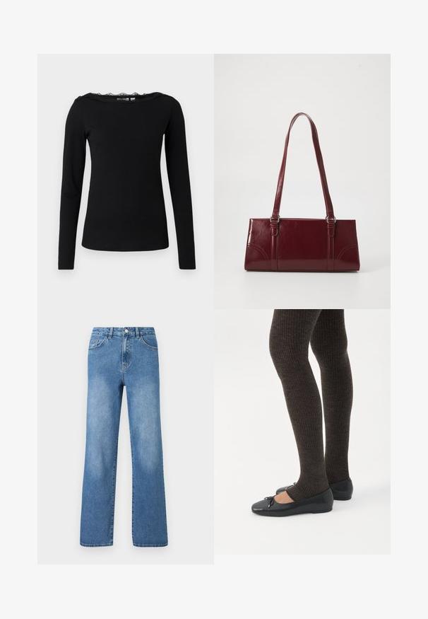 Schwarzes Langarmoberteil aus geripptem Stoff. Mit einem gewellten Spitzenkragen. Schlichte, figurschmeichelnde Silhouette mit geradem Saum.; Hellblaue Jeans aus Denim mit hoher Taille, weitem Bein, fünf Taschen und sichtbaren Nähte. Glatte Textur mit leichtem Verblassen.; Beine in dunklen, gerippten Leggings kombiniert mit schwarzen Ballerinas mit kleinen Schleifendetails auf weißem Hintergrund.; Burgunderfarbene Handtasche aus glänzendem Material, rechteckige Form, mit zwei Schulterriemen und subtilen, geschwungenen Akzenten an der Vorderseite.