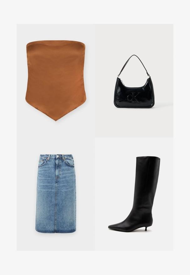 Haut bustier en satin marron avec un ourlet pointu et un design simple et lisse sur fond blanc.; Jupe en denim bleu clair. Présente une silhouette droite, cinq poches et une fermeture à boutons avec passants de ceinture. Accents de texture usée.; Botte noire en cuir jusqu'au genou avec bout pointu et petit talon kitten sur un fond clair uni.; Sac à main en cuir verni noir avec une anse incurvée, fermeture éclair et logo "cK" embossé sur le devant. Texture lisse, forme structurée.