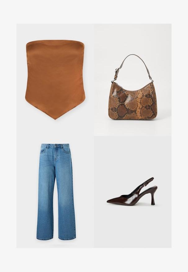 Haut bustier en satin marron avec un ourlet pointu et un design simple et lisse sur fond blanc.; Jean large bleu clair en denim, avec une taille haute, une fermeture éclair, et un design à cinq poches avec un léger dégradé.; Talons slingback en cuir verni brun avec un bout pointu, un talon fin, et une sangle réglable avec une petite boucle.; Petit sac à main avec un motif en peau de serpent marron et noir, courroie courte et ajustable, et fermeture éclair.