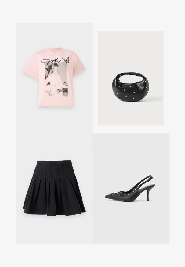 T-shirt en coton rose avec un graphisme noir et blanc représentant une femme avec une guitare, accentué par le nom "Dolly" en écriture cursive et un papillon.; Jupe plissée en coton. Dotée d'une taille ajustée et d'un ourlet évasé. Design simple sans motifs ni embellissements visibles.; Escarpin en cuir noir à talon aiguille avec un bout pointu, une bride latérale à boucle, des clous le long du bord et un laçage décoratif à l'avant.; Sac à main en cuir noir de forme arrondie, décoré de clous argentés et équipé d'une poignée courte. Texture lisse et fermeture éclair.