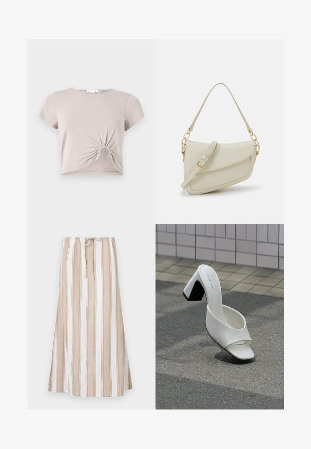 Κοντό μπεζ cropped t-shirt με ρυθμισμένη στρογγυλή λεπτομέρεια κοπής στο μπροστινό τελείωμα και κοντά μανίκια.; Ριγέ φούστα σε λευκό και ανοιχτό καφέ, με ζωνάκι που ρυθμίζεται και μακρύ, ρέον σχέδιο. Φτιαγμένη από ελαφρύ ύφασμα με χαλαρή εφαρμογή.; Λευκό μονό ανοιχτό παπούτσι mule με τακούνι μπλοκ, που στέκεται σε γκρι άσφαλτο μπροστά σε φόν από πλακιδιωμένο τοίχο.; Μικρή κρέμα τσάντα χεριού με υφή, μακριά ρυθμιζόμενη λουρί, αλυσίδα ως διακόσμηση και κλείσιμο με καπάκι. Χρυσές λεπτομέρειες.