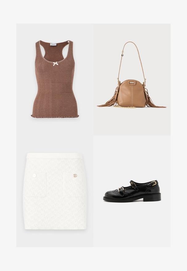 Brun ribbet tanktop med hvid kant og en lille sløjfe i midten. Har et tætsiddende design og en bølget kant.; Kort hvid nederdel med et tekstureret mønster, der har to forlommer og dekorative knapper i gyldent metal. Elastisk talje for komfort.; Sorte lædersko med brogue-detaljer, der har to spænder, rund tå og lav hæl. Glat tekstur med blank finish.; Lille tanfarvet læder skuldertaske med lang rem, guldkæde detalje og frynser på begge sider mod en neutral baggrund.