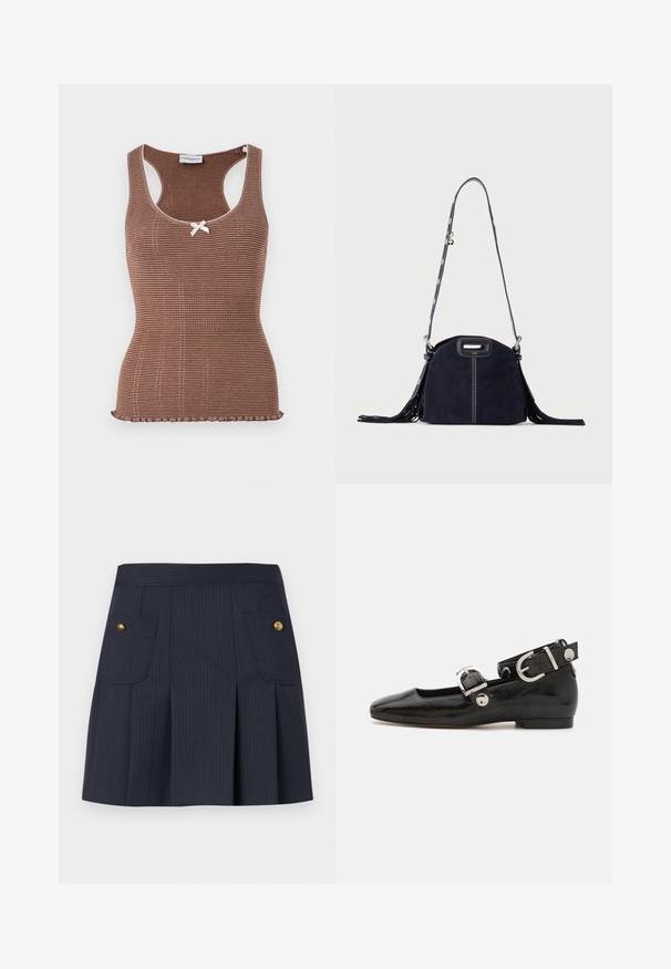 Brun ribbet tanktop med hvid kant og en lille sløjfe i midten. Har et tætsiddende design og en bølget kant.; Mørkeblå navy nederdel med tynde striber, forplissering foran og to klaplommer på hver side med guldknapper.; Sorte patenteret lædersko med firkantet tå, ankelrem med sølvhardware og flad sål. Glat tekstur med minimalistisk design.; Mørkeblå ruskindstaske med hvide syninger, et udskåret håndtag, mønstret skulderrem og lange frynser på begge sider.