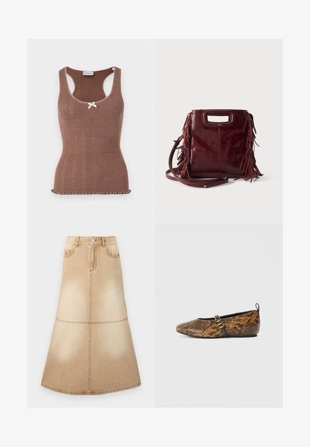 Brun ribbet tanktop med hvid kant og en lille sløjfe i midten. Har et tætsiddende design og en bølget kant.; Lysebrun denim A-line nederdel med syninger foran og bagpå, knaplukning og bæltestropper.; Balletsko i faux slangeskindsmønster med brune og sorte nuancer. Har en sort rem og guldfarvet hardware-detalje. Glat tekstur.; Firkantet burgunderfarvet læderhåndtaske med udskåret håndtag, sideskvaster og justerbar skulderrem på ensfarvet baggrund.
