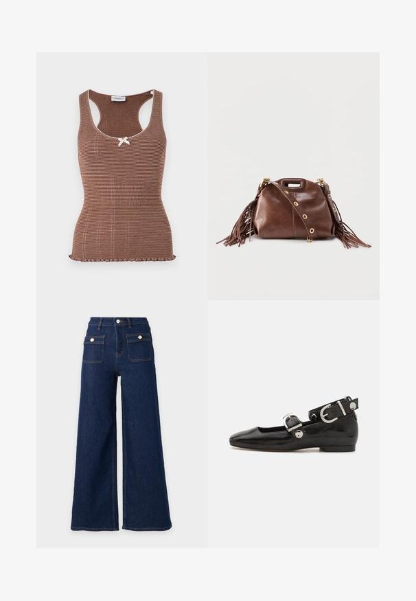 Brun ribbet tanktop med hvid kant og en lille sløjfe i midten. Har et tætsiddende design og en bølget kant.; Mørkeblå vidde denimjeans med høj talje og to frontlommer med klap og knaplukning.; Sorte patenteret lædersko med firkantet tå, ankelrem med sølvhardware og flad sål. Glat tekstur med minimalistisk design.; Brun læderhåndtaske med frynser, gyldne øjer på aftagelig skulderrem og udskåret håndtag på ensfarvet baggrund.