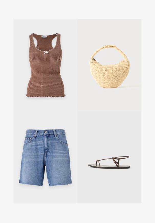 Débardeur marron à côtes avec bord blanc et un petit nœud au centre. Présente un design ajusté et un ourlet en forme de vagues.; Shorts en denim bleu clair avec une coupe droite, ourlet effilé, cinq poches et fermeture à bouton métallique. Le tissu a une texture lisse avec un léger délavage.; Sandale en cuir marron avec des fines lanières, un accent circulaire doré et une semelle plate. Design minimaliste avec un détail de boucle réglable.; Sac à main beige tissé avec corps arrondi, fermeture éclair et une sangle courte et épaisse dans un style crochet simple et texturé.