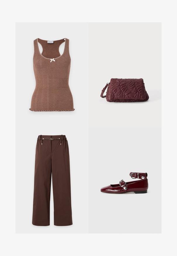 Débardeur marron à côtes avec bord blanc et un petit nœud au centre. Présente un design ajusté et un ourlet en forme de vagues.; Pantalon marron à jambes larges avec une ceinture élastique et une ceinture à cordon noire et blanche avec des accents dorés, présenté sur un fond clair.; Ballerines en cuir verni bordeaux avec un bout pointu, une bride de cheville avec une boucle en argent et un petit talon. Texture lisse sur l'ensemble.; Pochette en cuir texturé rouge foncé avec motifs de feuilles embossés et une bandoulière réglable sur un fond clair uni.