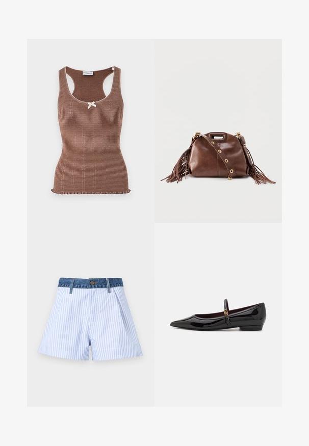 Brun ribbet tanktop med hvid kant og en lille sløjfe i midten. Har et tætsiddende design og en bølget kant.; Blå og hvide lodrette stribede shorts med denimtaljebånd og knaplukning, vist mod en ensfarvet baggrund.; Sorte patenterede lædersko med spids tå og en lille blokhæl, udstyret med en slank ankelrem og detalje i guldfarve.; Brun læderhåndtaske med frynser, gyldne øjer på aftagelig skulderrem og udskåret håndtag på ensfarvet baggrund.