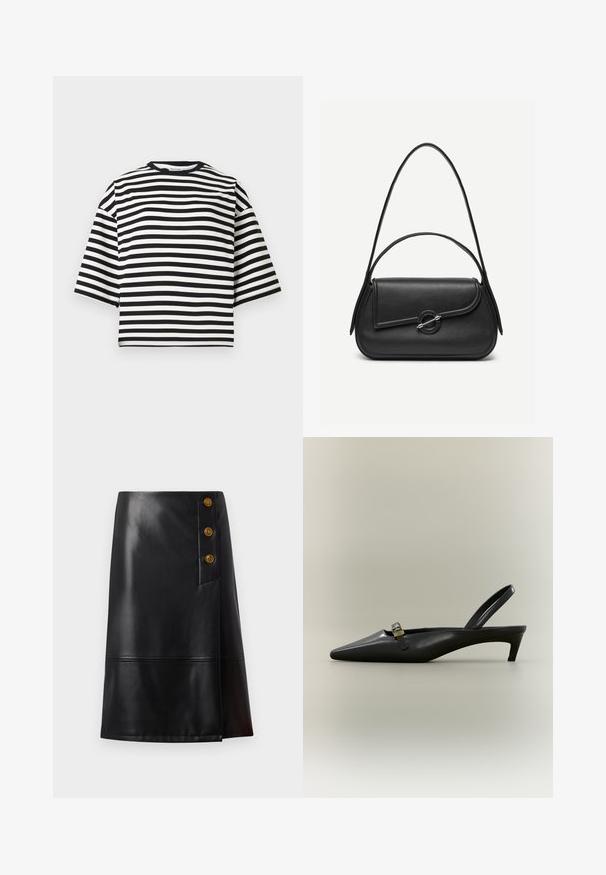 Μαύρο και λευκό ριγωτό κοντομάνικο cropped t-shirt με στρογγυλή λαιμόκοψη και άνετη εφαρμογή, κατασκευασμένο από απαλό βαμβακερό ύφασμα.; Μαύρη δερμάτινη φούστα μέχρι το γόνατο, με πλάγιο κλείσιμο με τρία χρυσά κουμπιά και ραφή κοντά στο τελείωμα.; Μαύρο δερμάτινο παπούτσι με λουράκι στο πίσω μέρος, χαμηλό τακούνι τύπου kitten, μυτερή μύτη και μικρή πόρπη σε χρυσό τόνο σε απλό φόντο.; Μαύρη δερμάτινη τσάντα χειρός με στρογγυλεμένες άκρες, ασύμμετρο καπάκι, μεταλλικό κυκλικό κούμπωμα και κοντά και μακριά λουριά ώμου.