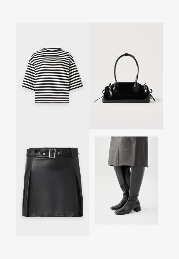 Μαύρο και λευκό ριγωτό κοντομάνικο cropped t-shirt με στρογγυλή λαιμόκοψη και άνετη εφαρμογή, κατασκευασμένο από απαλό βαμβακερό ύφασμα.; Μαύρη φουστάνι μίνι από ψεύτικο δέρμα με εφαρμοστή γραμμή, πλευρικές πτυχές και ζώνη με ασημένια μεταλλική πόρπη και οπές. Λείος υφάσματος, ψηλή μέση.; Μαύρες δερμάτινες μπότες μέχρι το γόνατο με τετράγωνη μύτη, λοξό τακούνι μπλοκ και πλευρικό φερμουάρ· λεία υφή και εφαρμοστή σχεδίαση.; Μικρή μαύρη γυαλιστερή τσάντα με δύο μακριές λαβές και λεπτομέρειες με ρυθμιζόμενο κορδόνι στο πλάι σε απλό ανοιχτό φόντο.