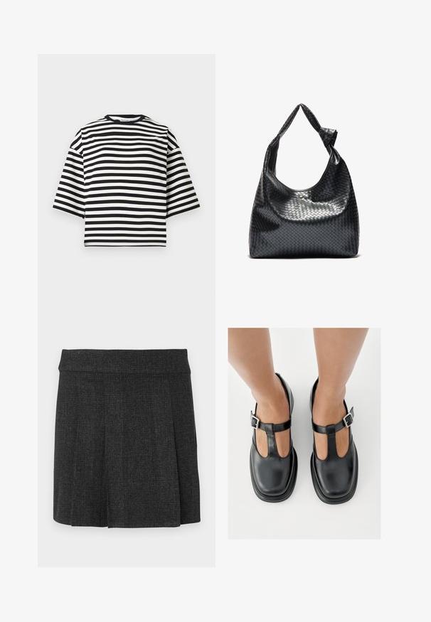 Μαύρο και λευκό ριγωτό κοντομάνικο cropped t-shirt με στρογγυλή λαιμόκοψη και άνετη εφαρμογή, κατασκευασμένο από απαλό βαμβακερό ύφασμα.; Μαύρη, πλισέ φούστα από υφασμάτινη υφή. Μεσαίου ύψους ζώνη με καθαρές γραμμές. Κλασική κοπή κατάλληλη για διάφορες περιστάσεις.; Μαύρα δερμάτινα παπούτσια με σχεδιασμό T-λαιμού, κλειστή μύτη και ασημένιες αγκράφες. Ομαλή υφή με στρογγυλεμένη μύτη και επίπεδη σόλα.; Μαύρη πλεκτή δερμάτινη τσάντα χειρός με χαλαρή σχεδίαση, διαθέτοντας έναν κόμπο για λουράκι και μια μικρή διακοσμητική χρυσή σφαίρα στην κορυφή.