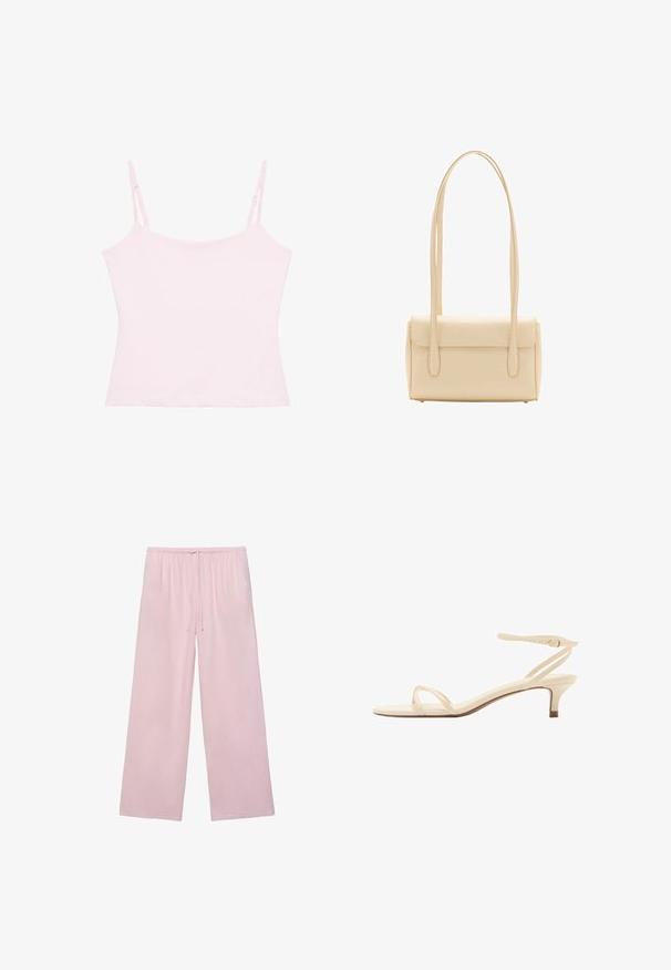 Haut camisole rose clair sans manches avec fines bretelles réglables sur fond blanc.; Pantalon à jambes larges rose clair avec taille élastique et cordon de serrage à l'avant, fabriqué dans un tissu doux et fluide.; Sandale beige à talon bas avec fines brides, bout ouvert et bride à boucle à la cheville sur fond blanc.; Sac à épaule rectangulaire beige avec longues bretelles doubles et fermeture à rabat, présenté sur fond blanc.