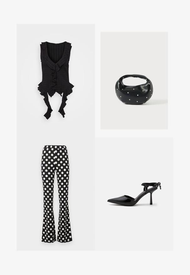 Haut sans manches noir avec un décolleté en V plongeant, présentant des bords froncés et des liens à l'ourlet. Tissu texturé avec un motif subtil.; Pantalon noir évasé avec de grands pois blancs et une taille élastique, présenté sur un fond clair uni.; Chaussure à talon haut en cuir verni noir avec bout pointu et bride de cheville nouée à l'arrière, présentée sur un fond blanc uni.; Sac à main en cuir noir de forme arrondie, décoré de clous argentés et équipé d'une poignée courte. Texture lisse et fermeture éclair.