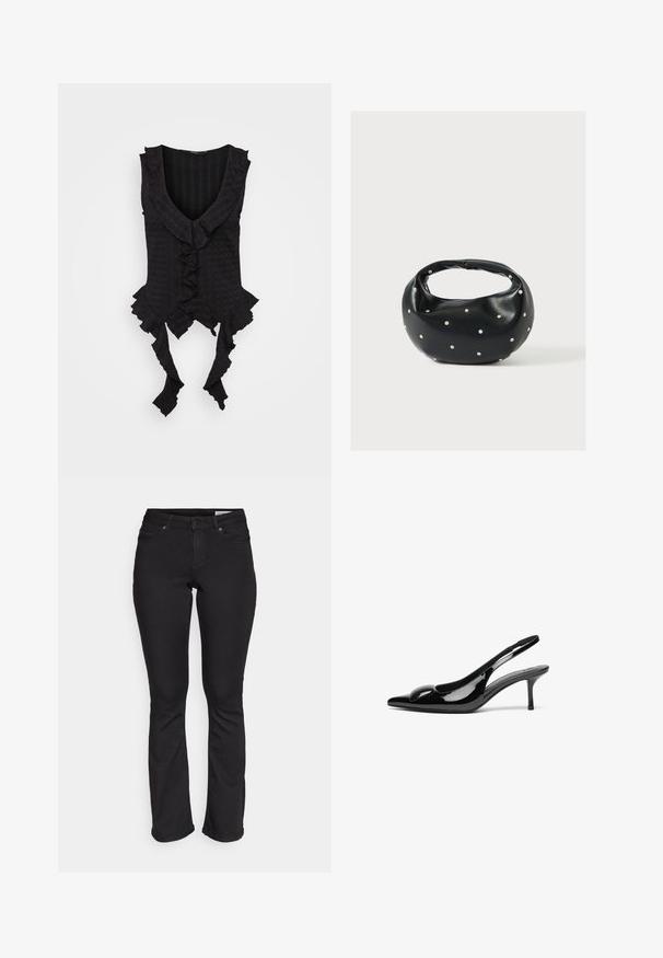Haut sans manches noir avec un décolleté en V plongeant, présentant des bords froncés et des liens à l'ourlet. Tissu texturé avec un motif subtil.; Jean noir avec une taille ajustée, design à jambe droite et taille mi-haute. Fabriqué en denim avec une texture lisse et sans motifs ni accents visibles.; Escarpins slingback en cuir verni noir avec un bout pointu et une finition brillante. Présente un talon fin et un accent arrondi au dessus du pied.; Sac à main en cuir noir de forme arrondie, décoré de clous argentés et équipé d'une poignée courte. Texture lisse et fermeture éclair.