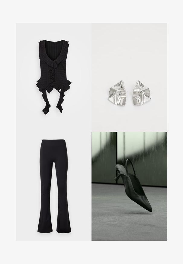 Haut sans manches noir avec un décolleté en V plongeant, présentant des bords froncés et des liens à l'ourlet. Tissu texturé avec un motif subtil.; Leggings noirs taille haute avec une forme évasée au niveau des jambes, confectionnés dans un tissu lisse et extensible, présentés sur un fond blanc uni.; Escarpin à talon haut en cuir noir avec bride arrière et bout pointu, flottant au-dessus d'un sol recouvert de moquette grise, mur verdâtre flou en arrière-plan.; Boucles d'oreilles en métal argenté avec un design ondulé et sculptural, présentant une finition polie et des formes irrégulières, mettant en valeur une esthétique contemporaine.