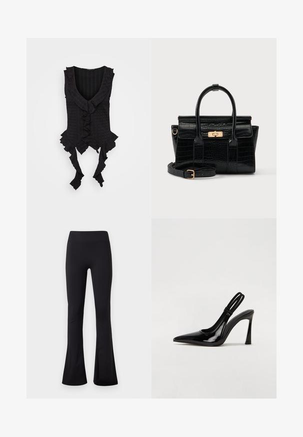 Haut sans manches noir avec un décolleté en V plongeant, présentant des bords froncés et des liens à l'ourlet. Tissu texturé avec un motif subtil.; Leggings noirs taille haute avec une forme évasée au niveau des jambes, confectionnés dans un tissu lisse et extensible, présentés sur un fond blanc uni.; Escarpin en cuir verni noir à talon aiguille, à bout pointu, avec une sangle élastique double pour un maintien sécurisé. Surface lisse et brillante.; Sac à main noir à texture crocodile, avec deux poignées, une bandoulière amovible et un fermoir rectangulaire doré sur le rabat avant.
