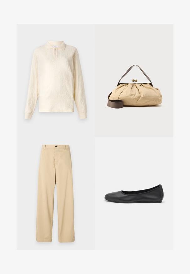 Polo long à manches longues de couleur crème avec un tissu texturé, un col à trois boutons et des manches à poignets, présentant un motif floral subtil.; Pantalons en coton beige avec une coupe droite, dotés d'une fermeture éclair à l'avant, d'un seul bouton noir et de deux poches latérales.; Ballerines en cuir noir avec un bout rond, texture lisse, détails de couture minimalistes et design de semelle flexible.; Sac en tissu beige avec un design froncé, poignée en cuir marron et deux fermetures métalliques rondes en haut. Sangle marron réglable incluse.