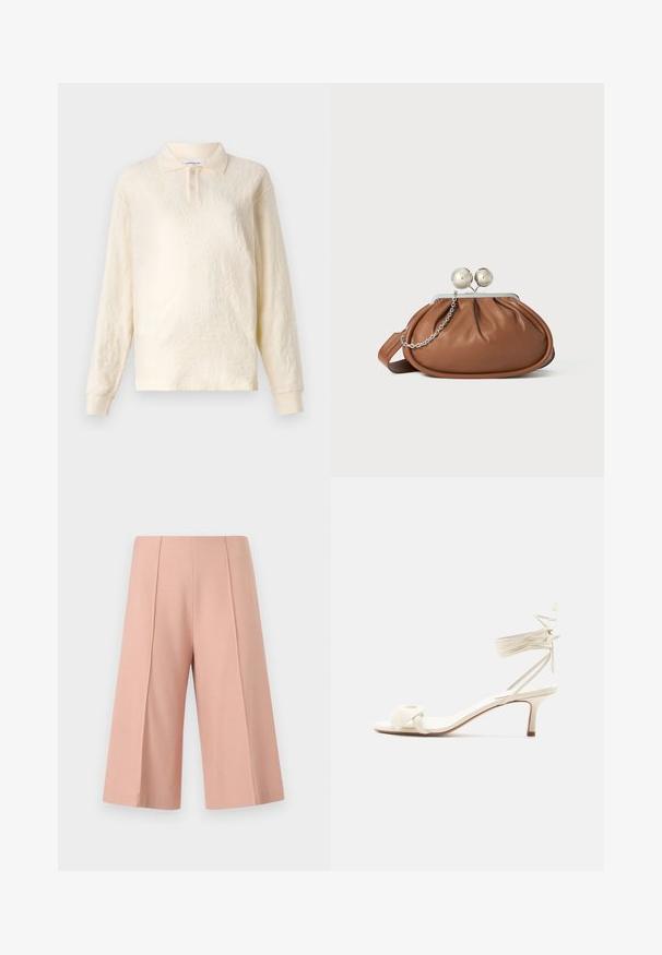 Polo long à manches longues de couleur crème avec un tissu texturé, un col à trois boutons et des manches à poignets, présentant un motif floral subtil.; AERON PEN - Short - mottled pink; Sandale à talon bas de couleur crème avec des liens à nouer autour de la cheville et une large bride torsadée sur les orteils, sur un fond blanc uni.; Pochette en cuir marron avec un fermoir à boule en argent et un petit détail en chaîne argentée sur fond blanc.