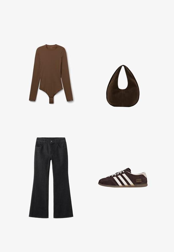 Langärmeliges braunes Bodysuit aus glattem Stoff, mit rundem Ausschnitt, figurnaher Passform und Druckknopfverschluss im Schritt.; Schwarze, weit geschnittene Jeans aus Denim mit hohem Bund, Fünf-Taschen-Design, Kontrastnähten und klassischem Knopfverschluss.; Braune Wildleder-Sneaker mit drei weißen Streifen, Gummisohle und Textlabel "Gazelle" in Gold. Schnürdesign mit grauen Schnürsenkeln.; Dunkelbraune Wildleder-Handtasche in Halbmondform mit einem breiten Riemen und glatter Textur vor weißem Hintergrund.