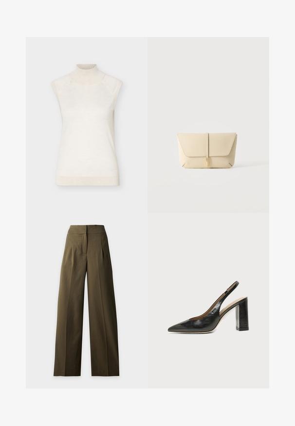 Pull sans manches à col roulé crème avec col et ourlet côtelés, présenté sur un fond clair uni.; Pantalon taille haute, jambes larges, vert olive avec plis devant et fermeture dissimulée, présenté sur un fond clair.; Chaussure slingback en cuir noir à bout pointu avec un talon bloc haut et une doublure intérieure beige sur un fond clair uni.; Pochette en cuir beige avec rabat avant et fermeture par sangle verticale, sur un fond clair uni.