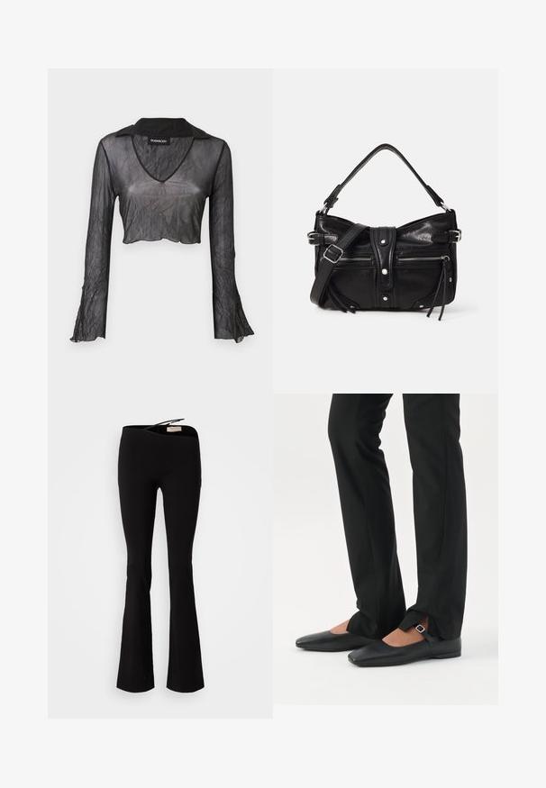 Sort gennemskinnelig langærmet cropped top med V-hals, med en rynket tekstur og blondeaccenter på ærmerne.; Sorte flagrende bukser lavet af blødt stof med elastisk talje og en glat overflade, designet til at sidde stramt omkring låret og flare ved kanten.; Ben iført sorte smalle bukser med forreste slidser ved kanten, parret med sorte flade Mary Jane-sko med lille spænde.; Even&Odd H24462 - Håndtasker - black