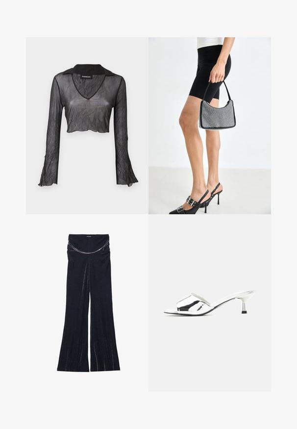 Sort gennemskinnelig langærmet cropped top med V-hals, med en rynket tekstur og blondeaccenter på ærmerne.; Even&Odd Tall Bukser - black / silver; Sølvfarvet åben tå slide sandale med lav kitten-hæl og skinnende metallisk finish på neutral baggrund.; Sort perlehandtaske med en buet silhuet, bærehåndtag og blank overflade. Båret med højhælede sorte sko og tætsiddende sorte shorts.