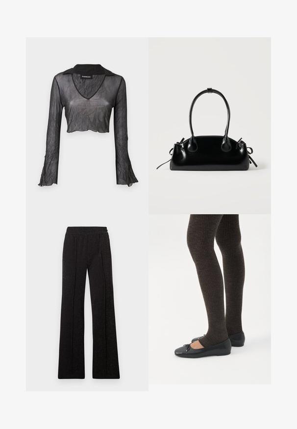 Top corto negro transparente de manga larga con escote en V, que presenta una textura arrugada y detalles de encaje en las mangas.; Pantalones negros de campana con cintura elástica y un sutil patrón texturizado, confeccionados en una tela con un ligero brillo.; Piernas con leggings oscuros acanalados combinados con bailarinas negras que presentan pequeños detalles de lazo sobre un fondo blanco.; Pequeño bolso negro brillante con dos asas largas y detalles de cordón lateral sobre un fondo claro liso.