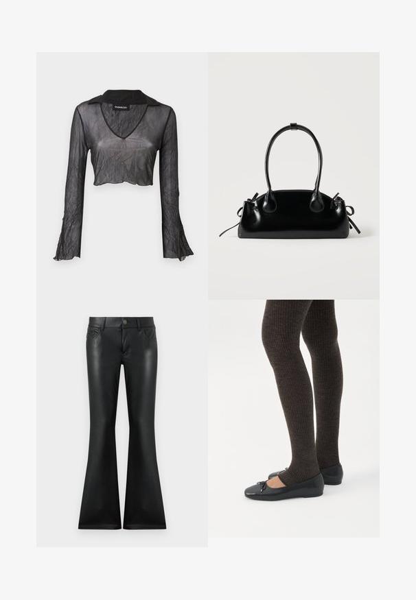 Sort gennemskinnelig langærmet cropped top med V-hals, med en rynket tekstur og blondeaccenter på ærmerne.; Sorte vide bukser lavet af et glat, blankt materiale. Har fem-lomme design, frontknaplukning og subtil kontrastsyning.; Ben iført mørke ribbede leggings kombineret med sorte balletsko med små sløjfedetaljer på hvid baggrund.; Lille sort blank håndtaske med to lange håndtag og snøre-detaljer i siden på en ensfarvet lys baggrund.