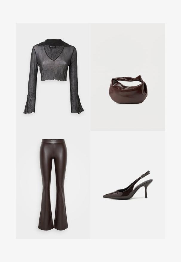 Čierny priesvitný cropped top s dlhým rukávom a výstrihom do V, s jemne pokrčenou textúrou a čipkovými akcentmi na rukávoch.; Hnedé imitácie koženej sukne s hladkou textúrou a priliehavým pásom, so zvonovinou začínajúcou pod kolenom.; Slingback vysoké opätky v lesklej tmavohnedej lakovej koži, so špicatou špičkou, otvorenými stranami a nastaviteľným remienkom na členku.; Tmavohnedá kožená kabelka cez rameno s mäkkým, voľným tvarom a držadlom v podobe skrúteného uzla na jednoduchom bielom pozadí.