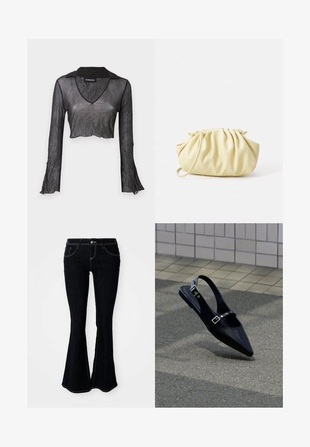 Top corto negro transparente de manga larga con escote en V, que presenta una textura arrugada y detalles de encaje en las mangas.; Jeans acampanados de lavado oscuro con una cintura alta, bolsillos delanteros y traseros, y costuras en amarillo contrastante.; Zapato plano negro de punta puntiaguda con tiras de doble hebilla y talón descubierto, descansando sobre asfalto gris cerca de una pared con azulejos.; Bolso amarillo plisado hecho de cuero sintético suave, con una forma blanda y una sola correa para el hombro, además de un diseño de parte superior recogida.