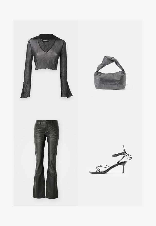 Sort gennemskinnelig langærmet cropped top med V-hals, med en rynket tekstur og blondeaccenter på ærmerne.; Sorte faux læder flared jeans med forlommer, en metalknaplukning og en let tekstureret overflade. Ret ben med en lang skæring.; Sort højhælet sandal med tynde stropper omkring anklen og en mellemhøj stilethælt på en hvid baggrund.; Sorte og sølv håndtaske med en tekstureret overflade, der har et diamantmønster, en knyttet håndtag og en struktureret form.