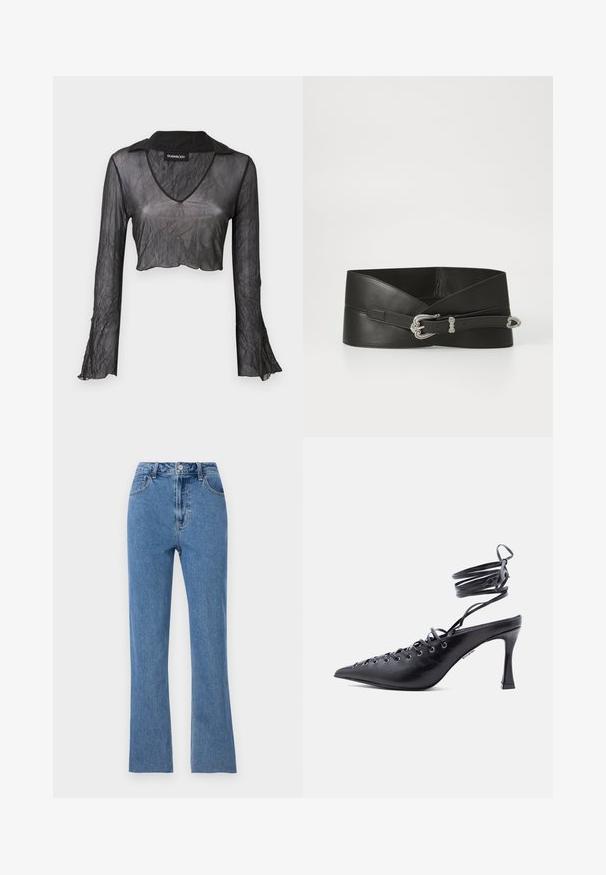 Sort gennemskinnelig langærmet cropped top med V-hals, med en rynket tekstur og blondeaccenter på ærmerne.; Slim fit blå jeans lavet af denim, med høj talje, flare ben og subtile syninger detaljer. Klassisk fem-lomme design.; Sort spids tå højhælet sko med omsluttende ankelremme og flere snørehuller foran til snøring.; Sort læderbælte med et bredt design. Har en dekorativ sølvspænde og en textured overflade. Justerbar længde med en simpel lukning.