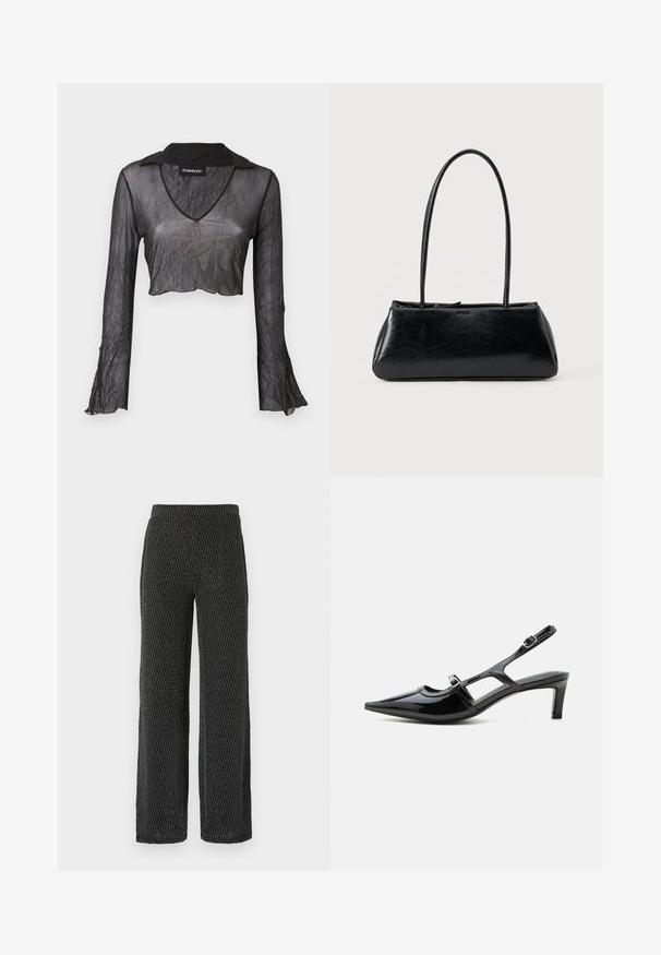 Sort gennemskinnelig langærmet cropped top med V-hals, med en rynket tekstur og blondeaccenter på ærmerne.; Bredde bukser i struktureret sort strik med et subtilt mønster. Har en elastisk talje og blødt, åndbart stof for komfort.; Sort laklæder spids tå slingback sko med lav hæl og to justerbare spænder, vist i sideprofil.; Sort rektangulær skuldertaske med lange tynde stropper og en glat, blank tekstur på en ensfarvet baggrund.