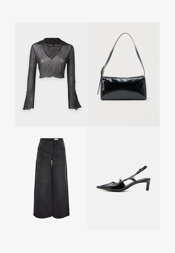 Top corto negro transparente de manga larga con escote en V, que presenta una textura arrugada y detalles de encaje en las mangas.; Pantalones de mezclilla negros de pierna ancha con una cintura alta, bolsillos frontales y una textura sutil; diseñados para un ajuste relajado.; Zapato slingback de charol negro con punta puntiaguda, tacón bajo y dos correas ajustables con hebillas, mostrado de perfil lateral.; Bolso de hombro rectangular negro con una correa ajustable y un cierre de cremallera superior sobre un fondo liso.