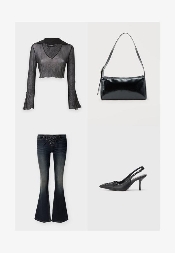 Sort gennemskinnelig langærmet cropped top med V-hals, med en rynket tekstur og blondeaccenter på ærmerne.; Mørkeblå flare-jeans med snøreføring foran og diskrete falmede områder på lår og knæ.; Sorte læder slingback stiletto med spids tå, side spændebånd, nitter langs kanten og dekorativ snøring foran.; Sort rektangulær skuldertaske med en enkelt justerbar rem og lynlås i toppen på en ensfarvet baggrund.