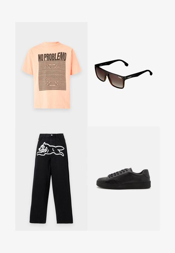 Κοντομάνικο T-shirt χρώματος ροδάκινου με έντονο μαύρο κείμενο "NO PROBLEMO" πάνω από ένα ριγωτό σύμβολο ειρήνης στην μπροστινή πλευρά.; Μαύρα τζιν φαρδιάς γραμμής με ψηλή μέση και λευκό γραφικό ενός παιχνιδιάρικου καρτούν σκύλου που πηδάει πάνω από την μπροστινή πάνω περιοχή του μηρού.; Μαύρα δερμάτινα αθλητικά παπούτσια με στρογγυλή μύτη, επίπεδη σόλα και παραδοσιακή κορδόνια. Διαθέτουν λεία υφή και διακριτική λεπτομέρεια στις πλαϊνές επιφάνειες.; Γυαλιά ηλίου με καφέ κλίμακα φακών και παχύ μαύρο πλαστικό σκελετό, που περιλαμβάνουν υφασμάτινες λεπτομέρειες στους βραχίονες και το λογότυπο Carrera στο πλάι.