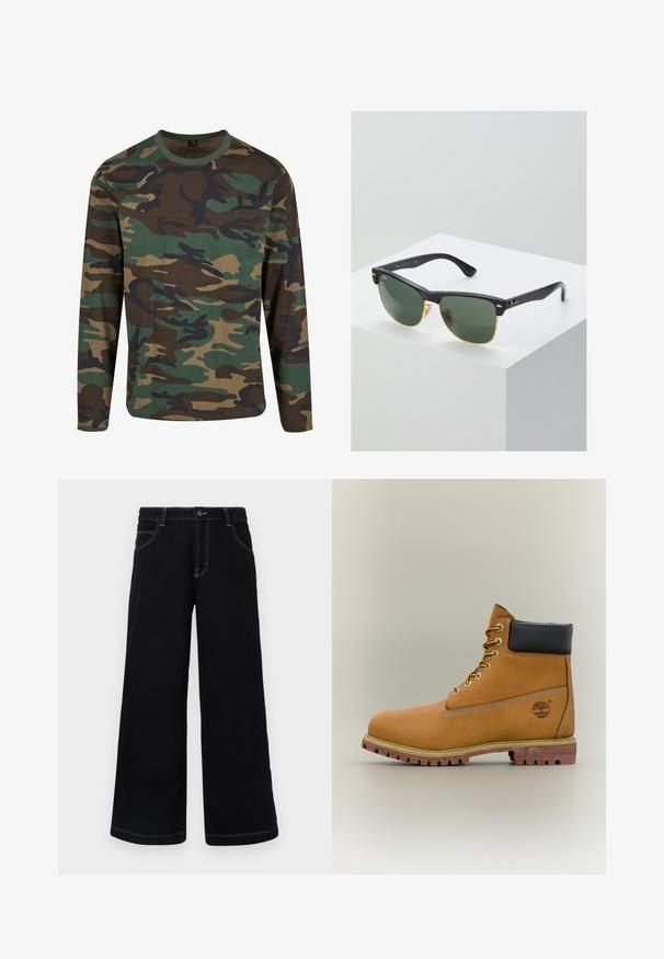 Langarm camouflage t-shirt in aardetinten; met groene, bruine en zwarte patronen; ronde hals; zachte stof; ontspannen pasvorm.; Zwarte wijde spijkerbroek met knoopsluiting, vijf zakken en contrasterende witte stiksels langs de naden.; Bruine leren enkellaars met zwarte kraag, gele veters en een zandkleurige zool. Voorzien van een logo en witte stikseldetails. Robuuste loopzool met grip.; Ray-Ban zonnebrillen met groene lenzen, zwarte plastic monturen en gouden accenten aan de randen. Vierkante vorm met een matte afwerking.