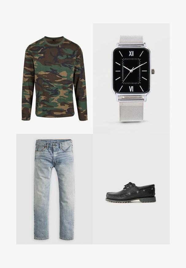 Langærmet camouflageskjorte i jordfarver; har grønne, brune og sorte mønstre; rund hals; blødt stof; afslappet pasform.; Lysblå lige ben denimjeans med knaplukning, forlommer og løkker til bælte, vist fladt på hvid baggrund.; Sort tekstureret snørebåndssko med rund tå, metaløjer og en robust grå gummisål. Har et vævet mønster på overdelen.; Rektangulært sølv armbåndsur med sort urskive, hvide romertal, minutmarkører og sølv mesh rem, der viser klokken 10:10:37.