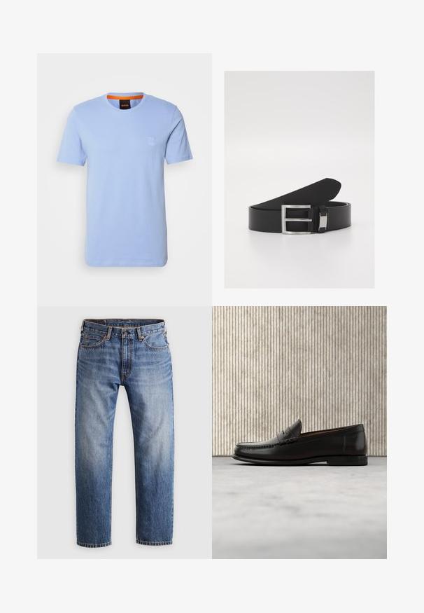Lys blå bomulds T-shirt med korte ærmer, rund halsudskæring og et lille præget logo-patch på brystet. Kontrastfarvet orange inderside af kraven.; Stumpe ben blå denim jeans med en knap- og lynlåslukning, fem lommer og orange syninger på en lys grå baggrund.; Sort læder penny loafer med lav hæl, rundet tå og syningsdetaljer langs fronten og siderne, vist på neutral baggrund.; Sort læderbælte med en slank, glat tekstur, der har en sølvmetalspænde og en subtil brandingdetalje.