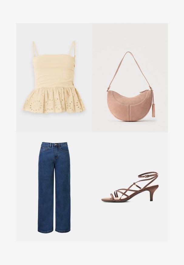 Haut beige sans manches avec fines bretelles réglables et un ourlet à volants featuring des motifs floraux découpés brodés.; Jean large en denim bleu foncé avec taille haute, doté d'une fermeture à bouton, de passants de ceinture et de poches avant et arrière. Texture lisse.; Sandale marron à fines brides, boucle à la cheville et talon de hauteur moyenne, vue de côté sur fond blanc.; Sac à main en suède rose avec une forme courbée en demi-lune, une seule bandoulière et une fermeture à glissière. Caractéristiques de coutures décoratives et un pompon en guise d'accent.