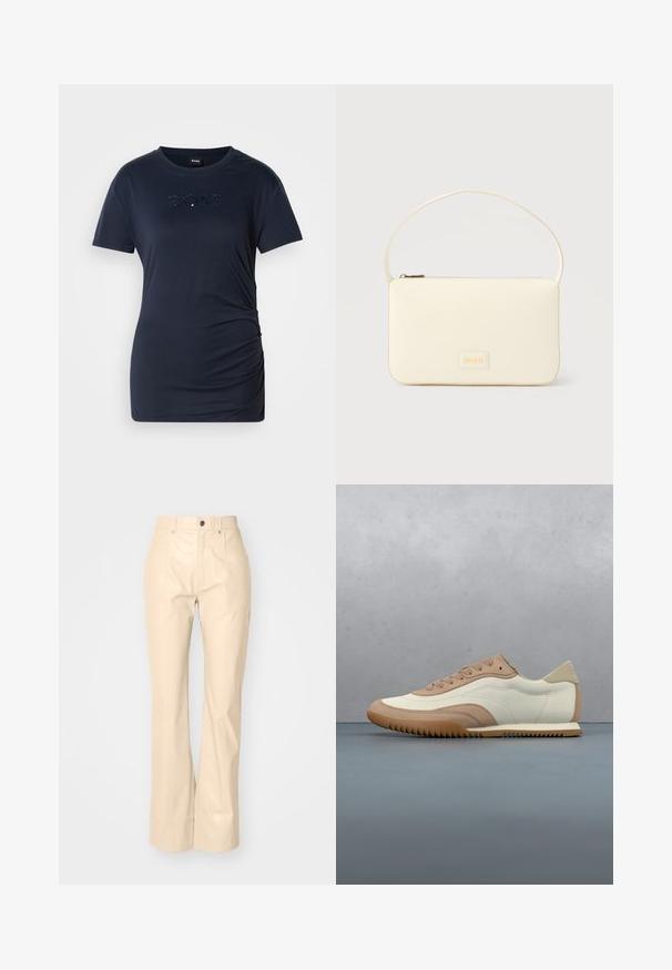 Marineblauwe T-shirt met korte mouwen, voorzien van ruches aan de zijkanten en een subtiele, glinsterende "BOSS" logo in het midden van de borst.; Beige faux leren flarebroeken met een soepele textuur, voorzien van voorzakken, een knoopsluiting en een subtiele glansafwerking.; Crème- en beige sneaker met een textuur bovenwerk, veters en een rubberen zool, gepresenteerd boven een houten oppervlak met kiezelstenen.; Roomkleurige rechthoekige handtas met een enkele draagband en een ritssluiting aan de bovenkant, met een klein ingegraveerd logoplacaat op de voorkant.