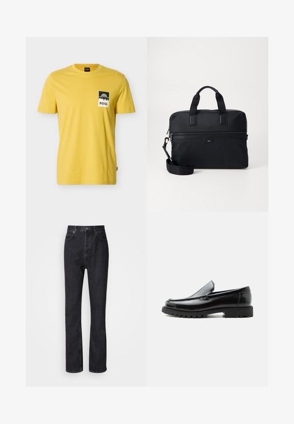T-shirt jaune à manches courtes et col rond avec un graphisme rectangulaire noir et blanc représentant des montagnes et des arbres au-dessus du mot "BOSS" sur la poitrine.; Jean en denim noir taille haute avec fermeture à bouton et à glissière, poches avant et arrière, et coupe droite.; Mocassin en cuir noir avec semelle en caoutchouc épaisse, dessus cousu et nom de marque embossé sur le talon, présenté de profil sur fond blanc.; Sac à dos en nylon noir pour ordinateur portable avec deux poignées, une sangle détachable, une poche zippée et un branding subtil. Surface texturée avec un design élégant.