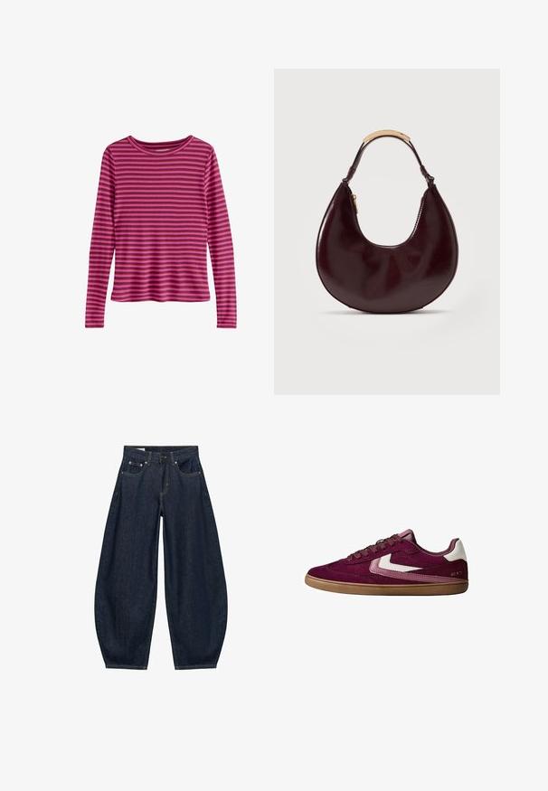 Chemise à manches longues avec des rayures horizontales roses et rouge foncé, col rond et ourlet droit, présentée sur fond blanc.; Jean en denim bleu foncé à jambes larges avec poches avant, passants de ceinture et fermeture par bouton à la taille.; Baskets décontractées basse en daim bordeaux avec des accents blancs et roses, semelle en gomme et fermeture à lacets, vue latérale sur fond blanc.; Sac à main en cuir marron foncé en forme de croissant avec une poignée courte ornée d'un accent en métal doré et une fermeture éclair latérale.