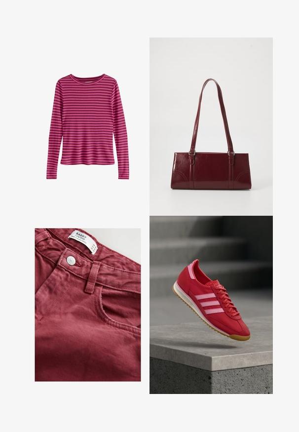 Chemise à manches longues avec des rayures horizontales roses et rouge foncé, col rond et ourlet droit, présentée sur fond blanc.; Pantalons amples taille basse d'une couleur bordeaux profonde, fabriqués en tissu coton. Dotés d'une poche avant, d'une fermeture à bouton et de détails de couture.; Chaussure de sport rouge avec des accents roses, en daim et matériaux synthétiques, comportant trois bandes blanches, un embout texturé et une semelle en caoutchouc gomme.; Sac à main bordeaux en matériau brillant, de forme rectangulaire, avec deux anses et des accents légèrement courbés à l'avant.